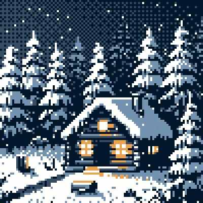 snowy cabin, cozy.